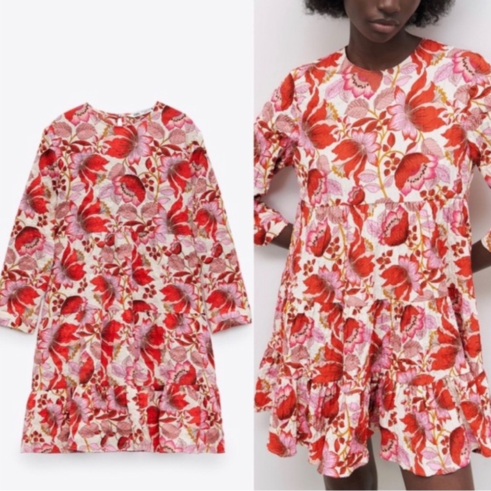 Zara The Sharon Dress in White with Pink & Red Floral.